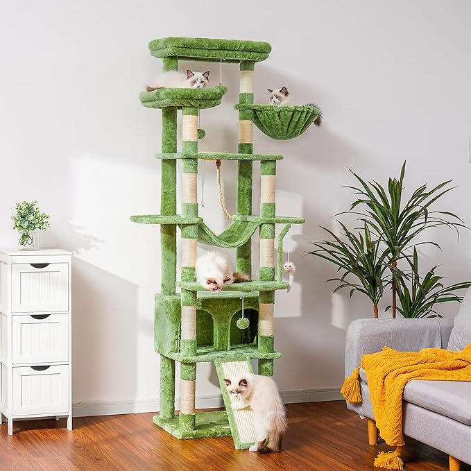 Heybly Tall Cat Tree,78 inch Multi-Level Cat Tower for Indoor Cats,2 Widened Plush Perches Cat Condo with Scratching Board and Big Caves,Green HCT033GR
