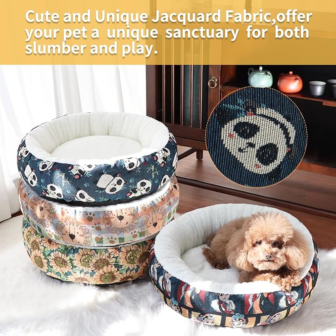 Circular Calming Dog & Cat Bed Anti-Anxiety Plush Dog Bed Washable Pet Bed with Anti Slip Backing Donut Cuddler with Cute Jacquard Patterns for Cat and Small Puppy 30" (Small, Panda)