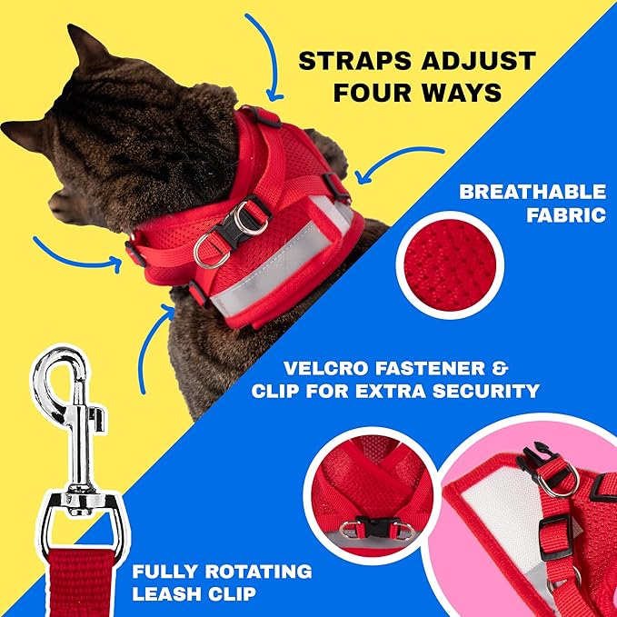 Travel Cat Harness and Leash Set - Adjustable Fit Mesh Cat Harness and Reflective Strap - Comfort Escape Proof Harness for Cats, Kitten for Outdoor Walking, Hiking (Medium, Red)