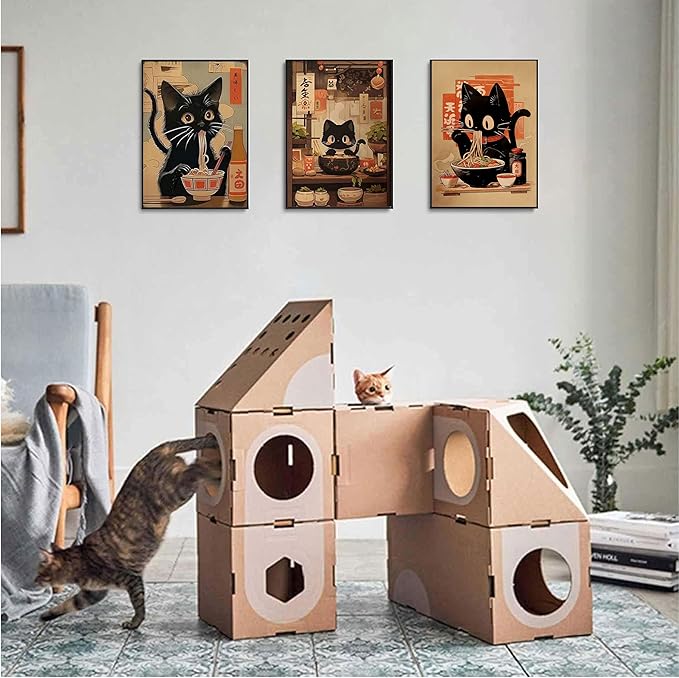 3Pcs Funny Japanese Black Cat Canvas Wall Art Vintage Animal Posters Prints Edo Period Ramen Cat Pictures Japan Quirky Cat Painting Kitchen Dining Wall Decor Animal Lover Gift 12x16in Unframed
