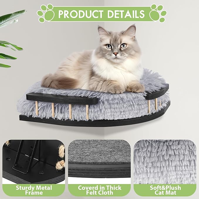 Cat Wall Furniture Set with Plush Cushion, Cat Hammock Cat Wall Shelves with 3 Cat Wall Steps, Cat Shelves and Perches for Wall Climbing Shelves for Indoor, Black Indoor Cat Shelves Wall Mount