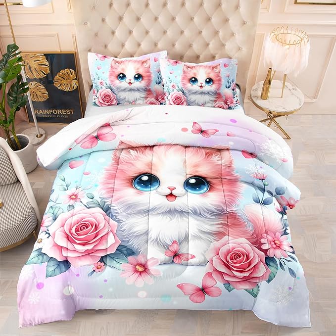 AILONEN Cute Kawaii Cat Twin Bedding Set for Girls,Watercolor Floral Kitten Kids Comforter Set,Pink Tie Dye Pet Cat Butterfly Comforter with 2 Pillowcases, 3 Piece
