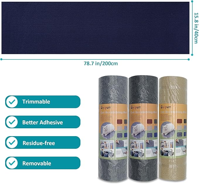 Cat Scratch Furniture Protector，78.7"x15.8"Cat Scratching Mat,Trimmable Self-Adhesive Cat Couch Protector,cat Wall Scratcher,Pad Replacement for Cat Tree Shelves and Post(Navy Blue)