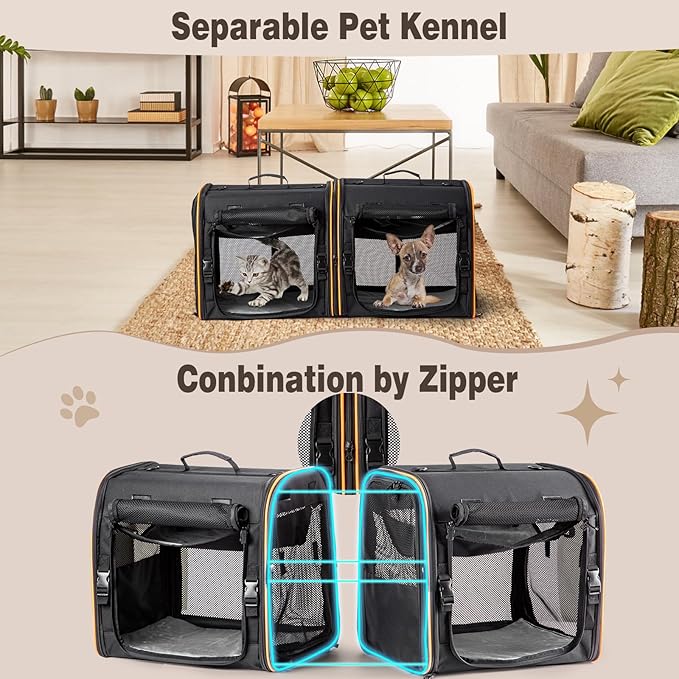 2-in-1 Cat, Dog Carrier for Pets up to 30 Lbs, Double Pet Carrier Car Travel Portable Twin Compartment Pet Kennel Dog Crate Set with Litter Box, Bowl for Outdoor Camping