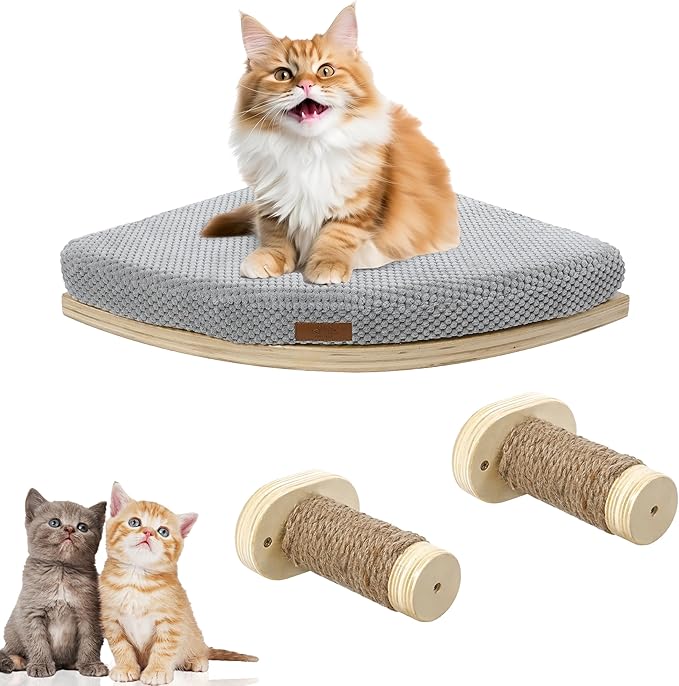 Corner Cat Wall Shelf, Wall Mount Cat Shelves with 2 Climbing Steps, Large Floating Cat Shelves for Wall, Wall Cat Bed Furniture and Perch for Indoor Cats (Wood Color)