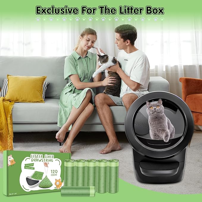 120 Count Drawstring Cat Litter Waste Bags Fit for Most Automatic Self-Cleaning Box, Durable Pet Kitty Drawer Liners Replacement Compatible with Litter-Robot 4 and 3, 24'' W x 29'' H