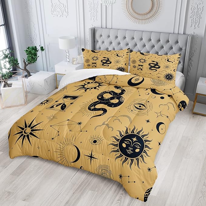 AILONEN Sun and Moon Comforter Set for Teens Boys Kids Girls, Galaxy Astrology Bedding Set Queen Size,Bohemian Sun Moon Quilted Duvet,Galaxy Astrology Quilt,1 Comforter 2 Pillowcases 3 Piece