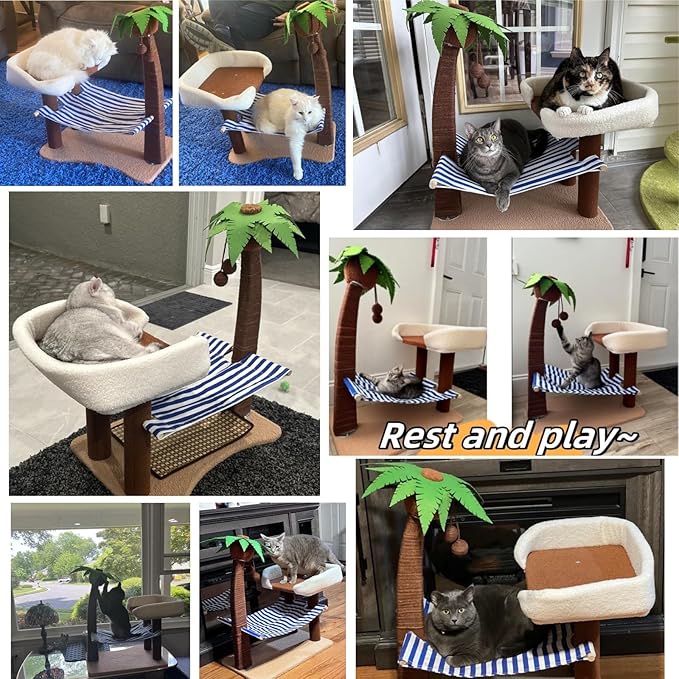 Cat Scratch Post with Hammock,29.5 Inches Tall Cat Scratcher with Cat Bed for Indoor Cats,Sisal Rope Cat Tree Scratching Post Tall with Hanging Ball for Small Cat Kitten