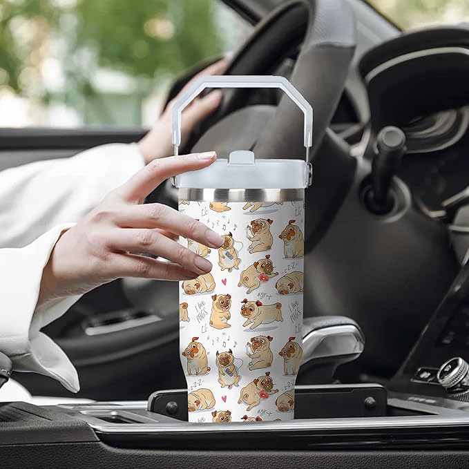 30 Oz Dog Tumbler with Handle and Straw, Insulated Dog Mugs for Dog Lovers, Double Wall Stainless Steel Pug Coffee Cup, Dog Dad Mug or Dog Mom Tumbler Pug Gifts for Women and Men