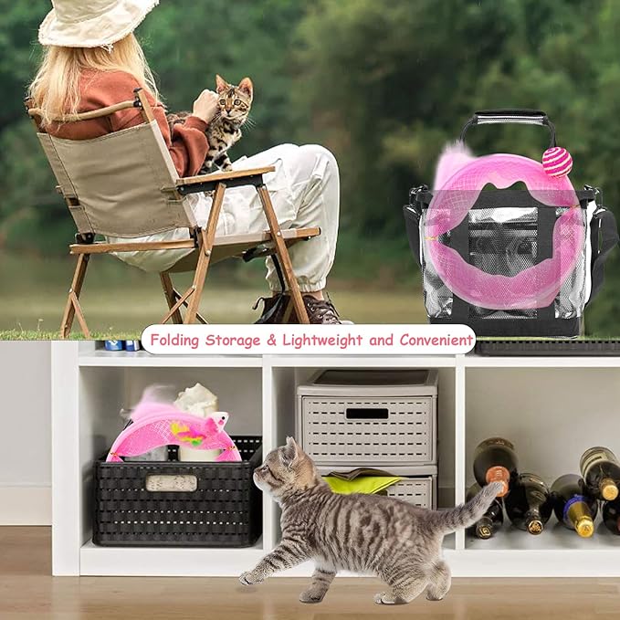 2 Packs Folded Cats Tunnel, Cats Tunnels Toy for Indoor Cats Collapsible Tubes Plays Tunnel Spring Exercise Pet Tunnel Bed Interactive with Toys Feather Mouse Attract Kitten Pink