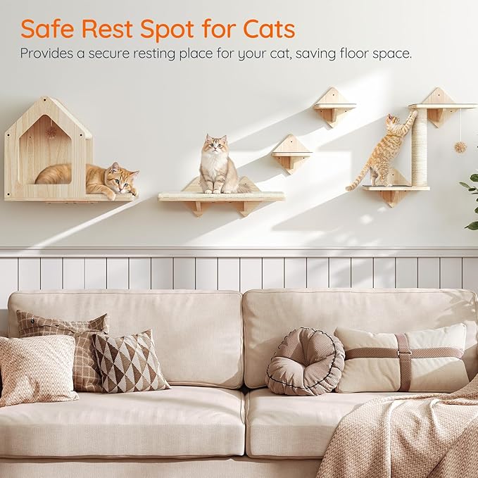 HOOBRO Wood Cat Wall Shelves, Set of 5 Cat Furniture, Cat Wall Mounted Furniture, Cat Climbing Shelves with Cat House, Cat Steps, Scratching Post, Perch, Sturdy and Anti-Slip, Natural NL43CS03