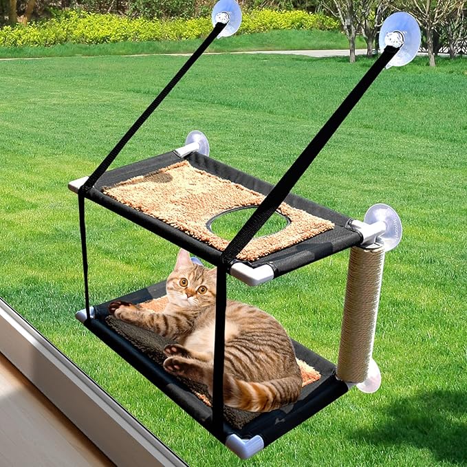 EWES Cat Window Perch Double-Deck with Scratching Post,Cat Window Hammock for Large Cats，Cat Soft Wall Shelves Seat Cat Bed