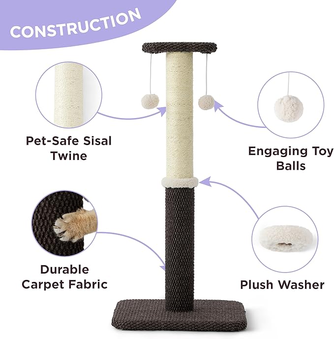 Lesure 34" Tall Cat Scratching Post - Highly Resistant Carpet Scratch Post, Premium Sisal Rope Scratch Posts Kitten and Adult Cats, Sturdy Large Scratch Pole with Hanging Ball, Brown