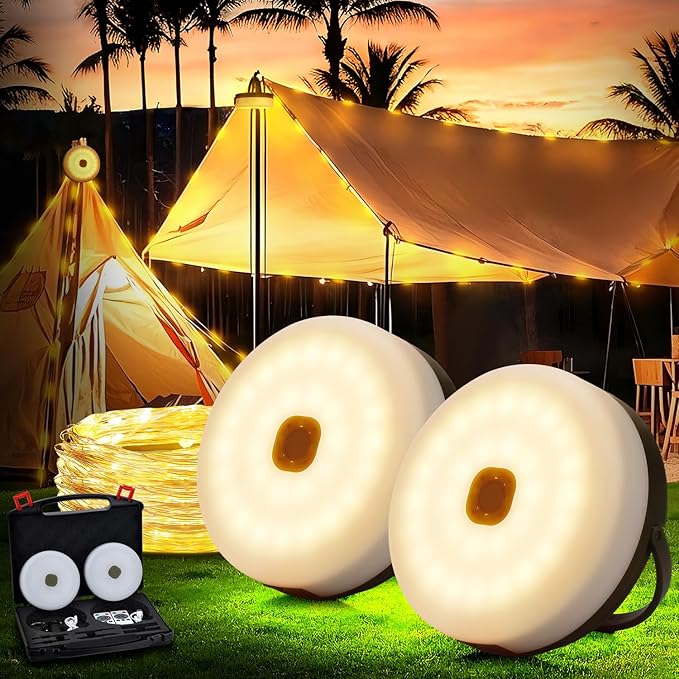 2 PCS Solar Camping String Lights,40.45FT Fairy String Lights with 10 Lighting Modes,Waterproof Camping Lamp with Remote Control,Solar Power and USB Rechargeable Camping Lights for Yard Hiking