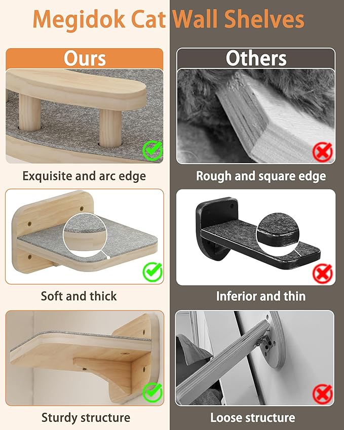 Megidok Cat Wall Furniture Corner Climbing Shelf Perches, Cat Bed Wall Mounted with 3 Wide Steps,Modern Floating Stairs for Wall Indoor Cats up to 22 Lbs for Cat - Wood Color