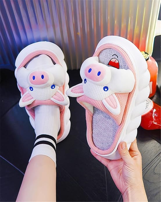 AZCHEN Women's Animal Cartoon Pig Slippers - Cute and Comfortable Linen Plush Slippers for Home