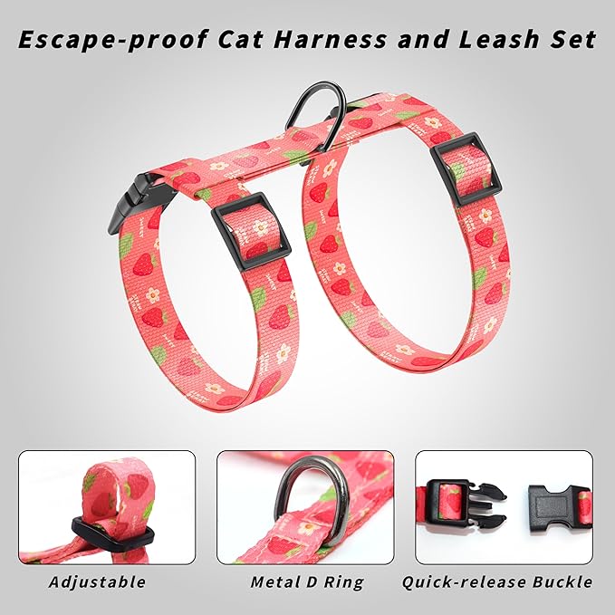 Cat Harness and Leash Set, Adjustable Kitten Harness Escape Proof Cats Harness, Soft Lightweight Walking Travel Pet Harness, Cute Kitty Harness Leash Set for Small Medium Cats, Pink Strawberry
