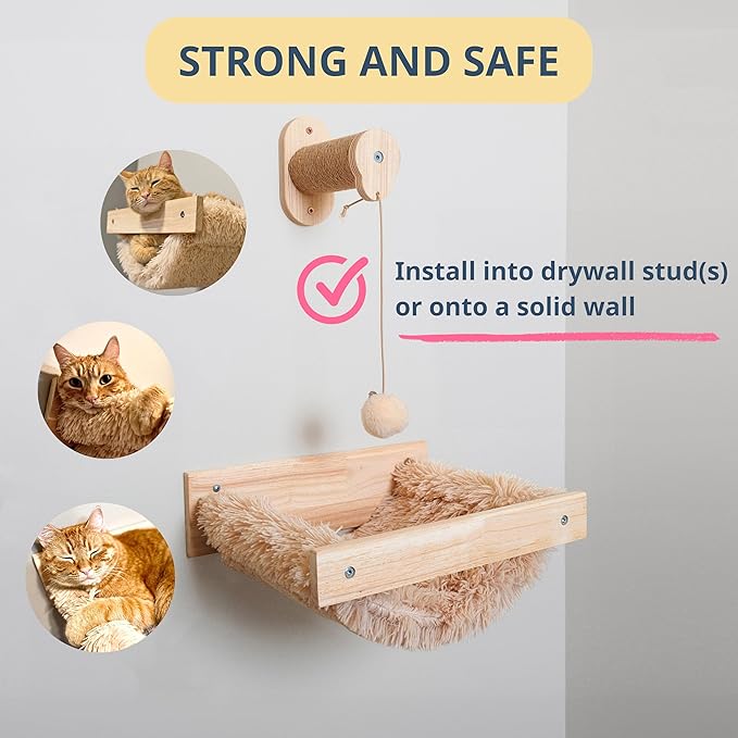 Wall Mounted Cat Wall Hammock with Toy, Self Warming Cat Wall Bed, Cat Shelf for Indoor and Outdoor Cats, Strong Cat Wall Toy, Ball Hanging Cat Hammock for Wall, Gift for Cat