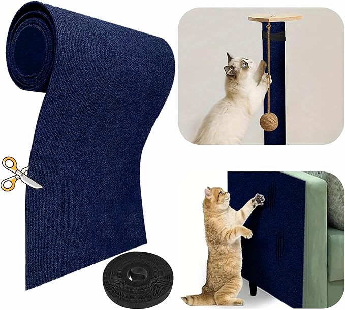 118”x15.8” Trimmable Cat Scratching Post Carpet Cover Cat Scratcher Mat Self-Adhesive Cat Tree Shelves Replacement Parts Mat with 5M Cable Tie Couch Furniture Protector for Indoor Cats (Dark Blue)