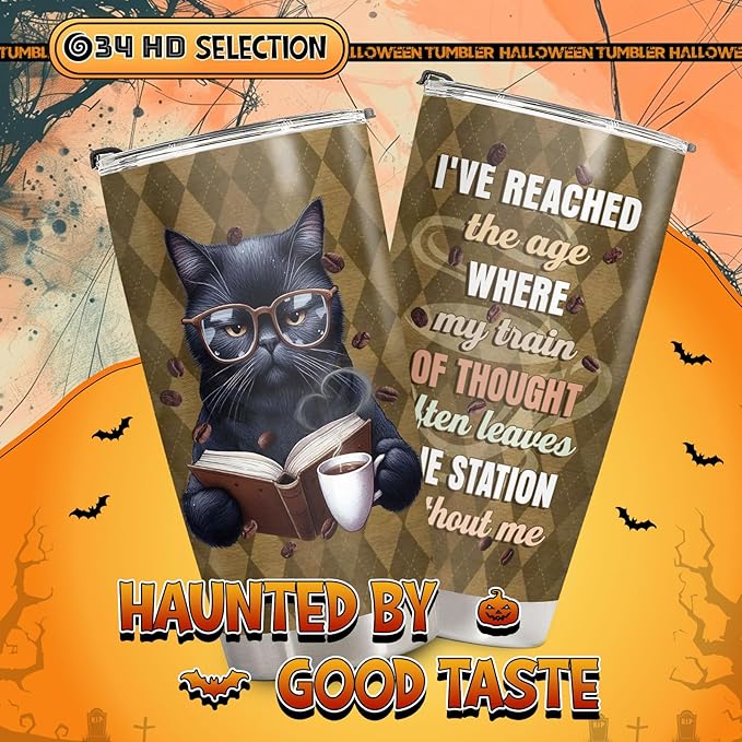 34HD Black Cat Tumbler with Lid, 20oz Stainless Steel Vacuum Insulated Cute Kitty Cup, Reading Coffee Mug with Cats, Funny Cat Gifts for Her Women on Birthday Mothers Day Christmas