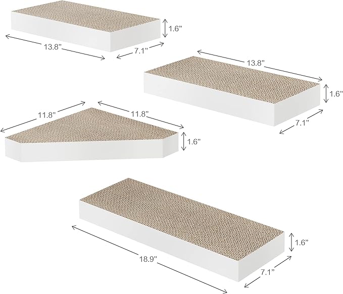 Way Basics Premium Cat Scratcher Floating Wall Shelf (4 Pack) (White)