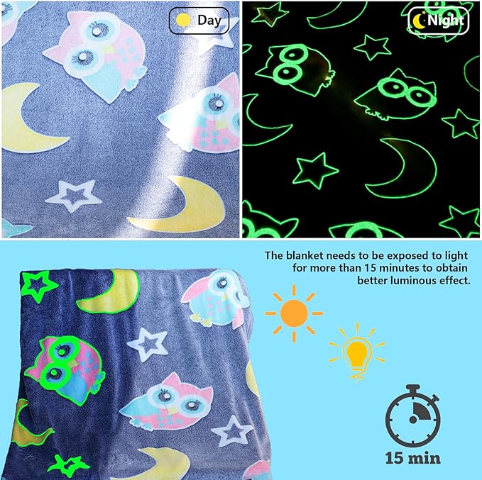 2025 Best Gift Glow in The Dark Blue Cute Bird Throw Blanket with Storage Bag, Soft Throw Blanket for Boys Girls, Birthday New Year Gift, Kids Blanket, Day Care Home Use, 50"x60" Blue