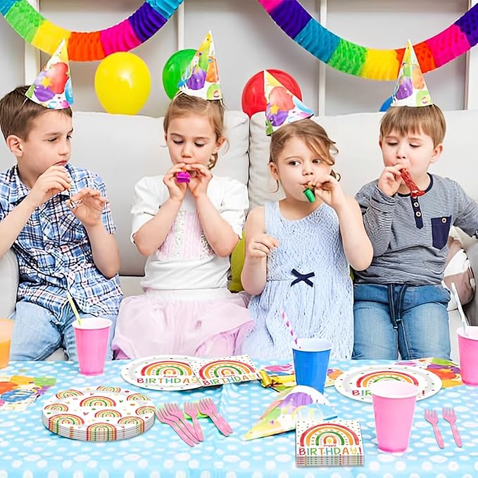 48Pcs Rainbow Birthday Decorations Colorful Boho Rainbow Tableware Set Disposable Plates Napkins Forks Serves 16 Bohemian Retro Rainbow Happy Birthday Party Decorations