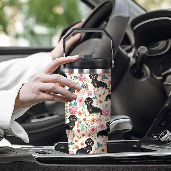 30 Oz Dachshund Tumbler with Handle and Straw, Coffee Mugs for Dog Lovers, Double Wall Stainless Steel Dog Mug, Dachshund Gifts for Women and Men