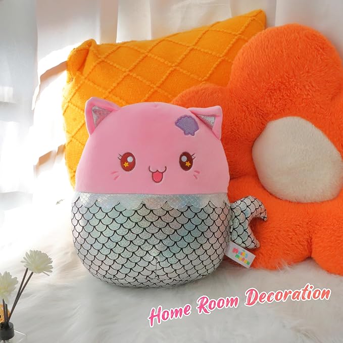 12” Mermaid Cat Plush Pillow Soft Mermaid Stuffed Animal Cute Cat Plush Toy Birthday Christmas Festival Gifts for Kids