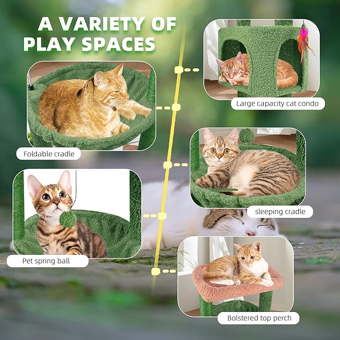 YOUPET 33.46" Cactus Cat Tree Tower with Cat Condo and Scratching Post for Indoor Cats, Activity Center Cat Furniture with Two Big Hammock and Spring Toy Balls, Green