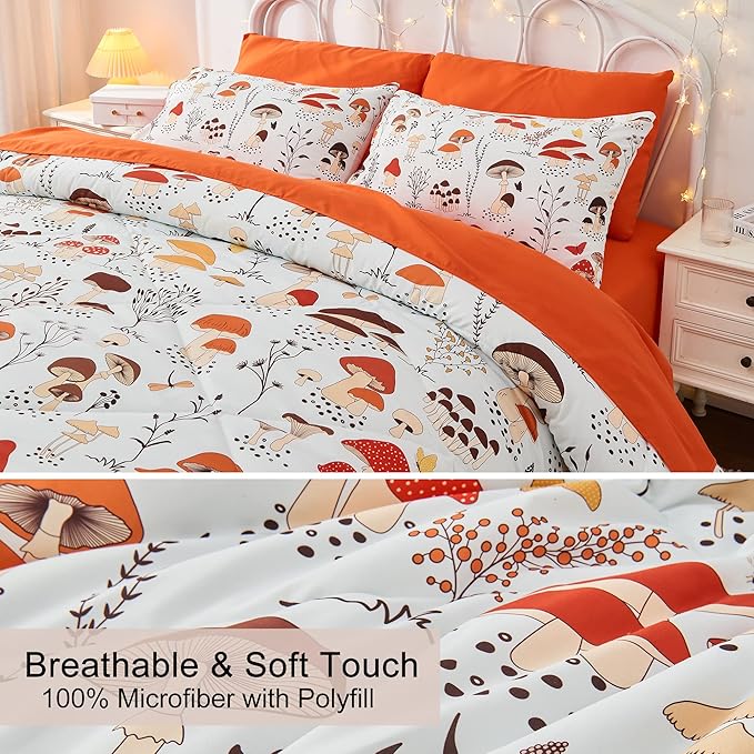 7 Piece Mushroom Comforter Set Full Size,Plant Wild Mushroom Comforter with Sheet Set Bed in A Bag for Kids Boys Girls,Full(1 Comforter, 1 Flat Sheet, 1 Fitted Sheet, 4 Pillowcases)