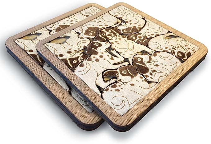 02 German Shorthaired Pointer Dog Coaster - GSP Dog Puzzle Wooden Coaster Set - Interlocking Jigsaw Drink Mats with Laser-Cut Design for German Shorthaired Pointer Lovers