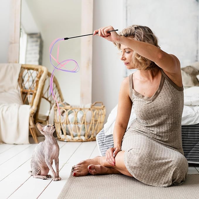 Amaxiu Cat Ribbon Wand Toys, 3pcs Interactive Cat Rainbow Wand String Toys for Indoor Cats Colorful Ribbon Charmer for Kittens Teaser Training Exerciser Playing Catcher Accessories