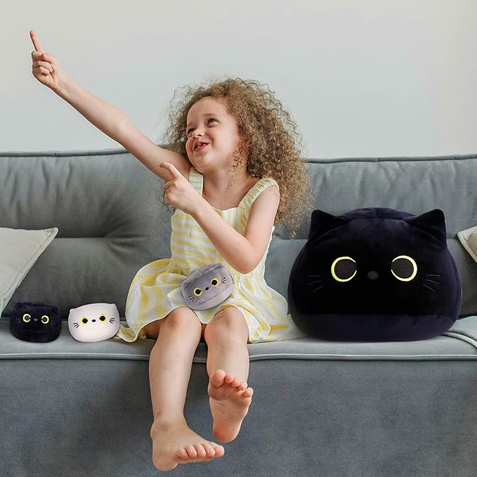 4PCs Black Cat Plush Toy 16'' Black Cat Pillow with 3 Babies, 3D Black Cat Plushies Pillow Baby Cute Plush Toys Shape Cat Design Sofa Fat Pillow Gifts for Boys Girls
