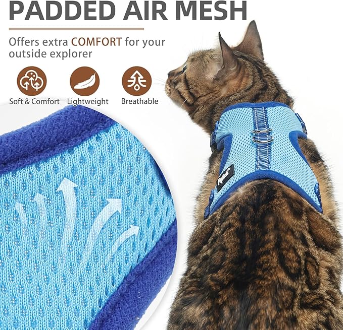 PUPTECK Cat Harness and Leash Set Escape Proof, Reflective Adjustable Soft Mesh Kitten Vest Harness for Walking Travel, Blue, M
