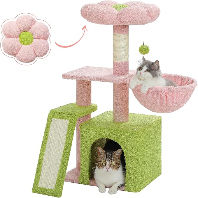 PETEPELA Flower Cat Tree for Indoor Cats, 32'' Small Cat Tower Cat Condo with Sisal Scratching Ramp, Cozy Hammock and Removable Flower Bed Perch for Kittens, Pink