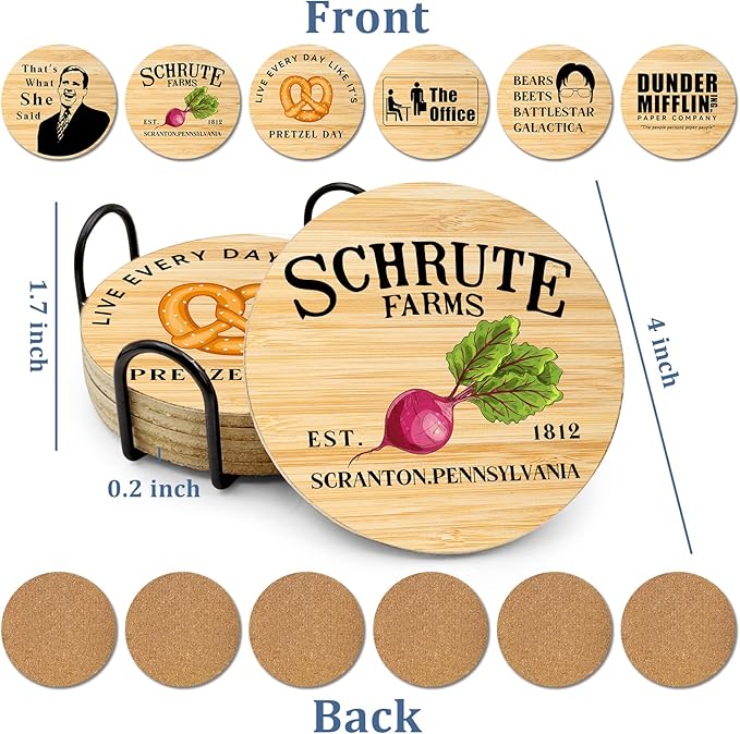 6 PCS The Office Cork Coasters for Drinks,The Office TV Show Merchandise,Funny Set with Coaster Holder,Dunder Mifflin Kitchen Decor,Michael Scott TV Themed Coasters Gifts for Fans