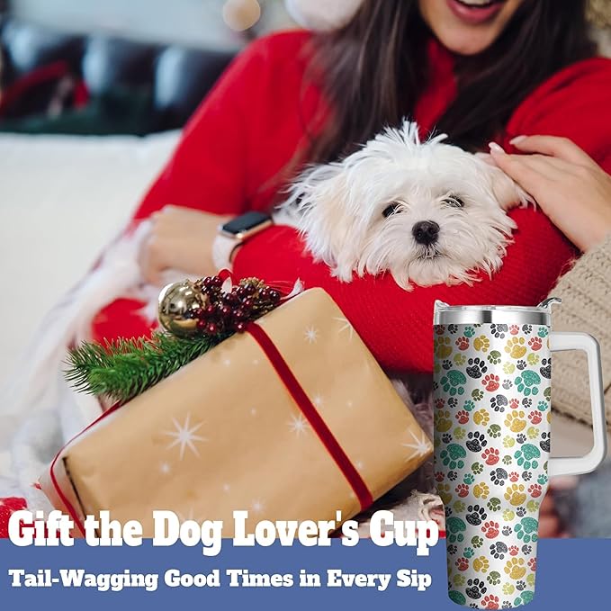 40 Oz Paw Print Tumbler With Handle and Straw, Double Wall Stainless Steel Cup, Insulated Coffee Mug for Cat Mom or Dad, Leak Proof Insulated Mug for Women Gifts