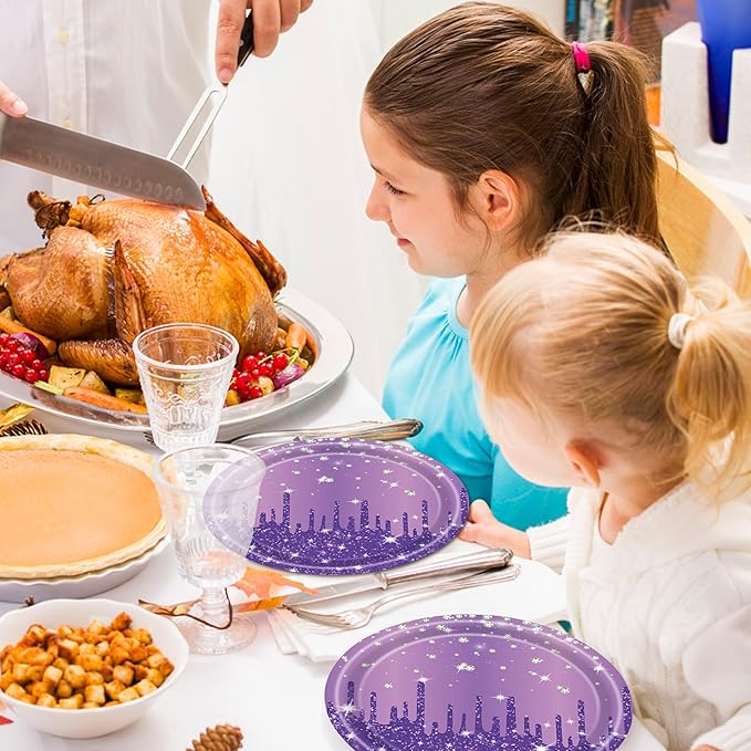 96 Pcs Purple Silver Plates and Napkins Party Supplies, Disposable Forks Paper Dessert Tableware Glitter Decorations Birthday Table Dinnerware Favors Set, Serves 24