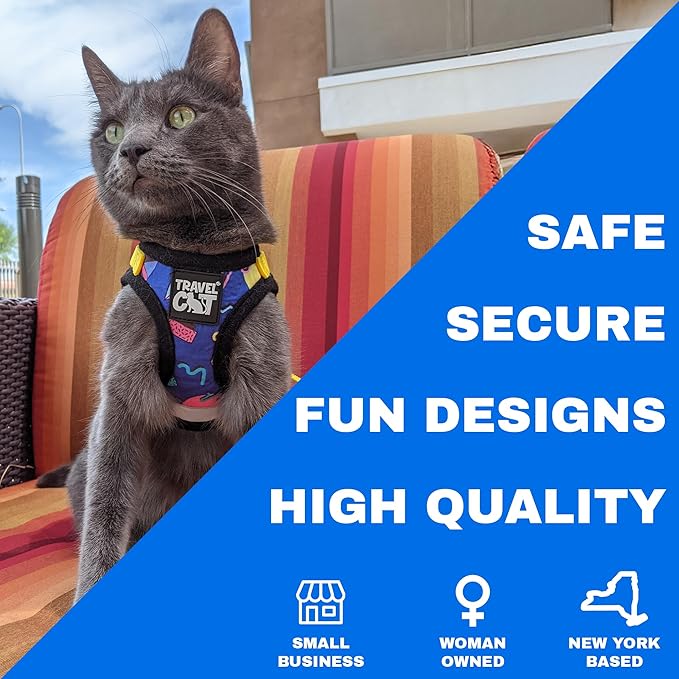 Travel Cat Harness and Leash Set - Adjustable Fit Mesh Cat Harness and Reflective Strap - Comfort Escape Proof Harness for Cats, Kitten for Outdoor Walking, Hiking (X-Small, 90s Cat)