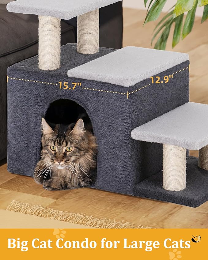 3-in-1 Pet Stairs for Cats, Dog Steps for Small Doggie,7.8'' Depth Cat Stairs,Indoor Cat Ladders for High Bed for Pet's Joints, Soft Plush, 1 Big Cat Condo Cave, Sisal Scratching Posts, Grey, Large