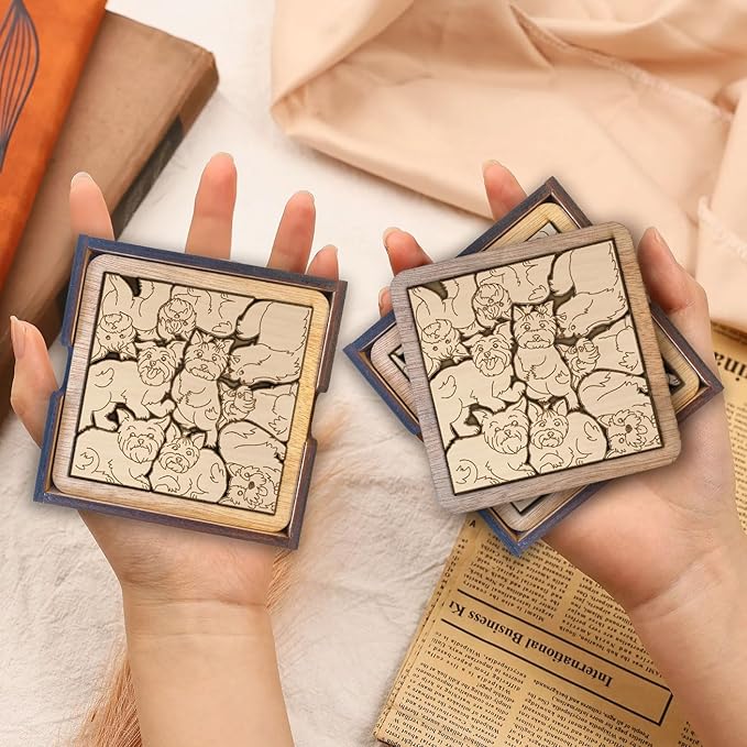 02 Yorkshire Dog Coaster - Yorkie Dog Puzzle Wooden Coaster Set - Interlocking Jigsaw Drink Mats with Laser-Cut Design for Yorkshire Terrier Lovers (Yorkshire Dog)