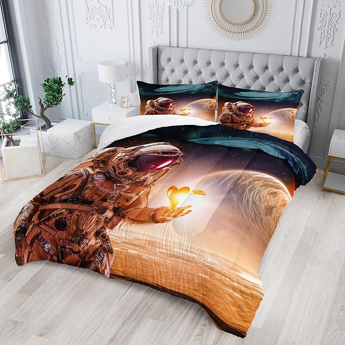 AILONEN Astronaut Comforter Set for Teens Boys Kids Girls, Space Astronaut Bedding Set Full Size,Outer Space Themed Quilted Duvet Bed Set,Planet Quilt,1 Comforter 2 Pillowcases 3 Piece