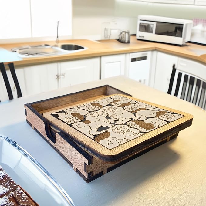 02 Cavalier King Charles Spaniel Dog Coaster - Cavalier Dog Puzzle Wooden Coaster Set - Interlocking Jigsaw Drink Mats with Laser-Cut Design for King Dog Lovers