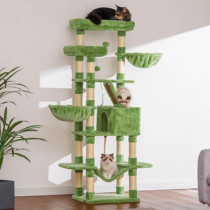 Heybly Cat Tree, 68 inch Multi-Level Cat Tower for Indoor Cats, 2 Widened Plush Perches Cat Condo with Scratching Board and Big Caves, Green HCT025GR