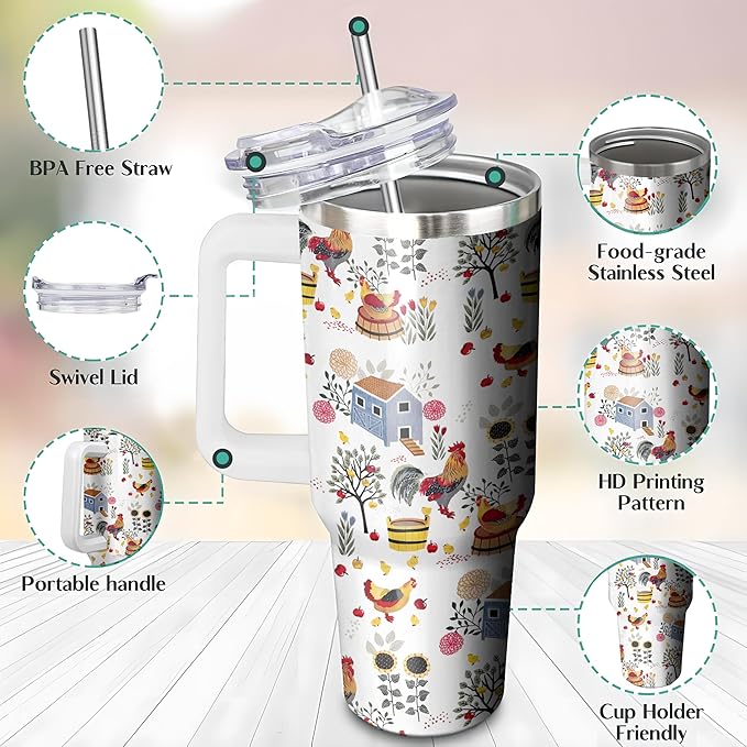 40 Oz Chicken Tumbler with Handle and Straw, Double Wall Stainless Steelchicken Mugs, Insulated Rooster Cup Gifts for Chicken Lovers Women, Chicken Travel Mug Chicken Gifts for Women