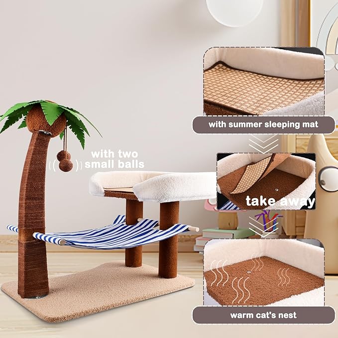 Cat Scratch Post with Hammock,29.5 Inches Tall Cat Scratcher with Cat Bed for Indoor Cats,Sisal Rope Cat Tree Scratching Post Tall with Hanging Ball for Small Cat Kitten