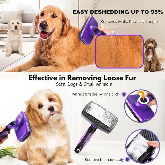 AINA Self-Cleaning Pet Grooming Brush | Pet Slicker Brush for Dogs & Cats Detangling & Fur Removal with Click Clean Button | Effective & Comfortable Pet Deshedding Brush, Perfect for Pet Grooming