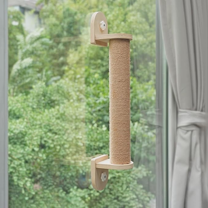 Meeyoview Cat Window Perch, Foldable Cat Window Hammock with Wooden Scratching Post and Stainless Steel Cat Bowls, Window Mounted Bed for Cats Inside (1 Cat Scratching Post)