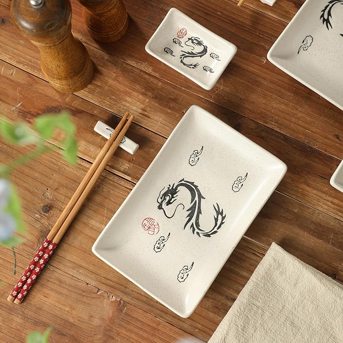 8 pcs Japanese Sushi Plate Sets Serving Platters and Trays for Entertaining Sushi Dishes Set Plates Sushi Plates Traditional Cuisine Dinnerware Sets with Chopsticks Dragon